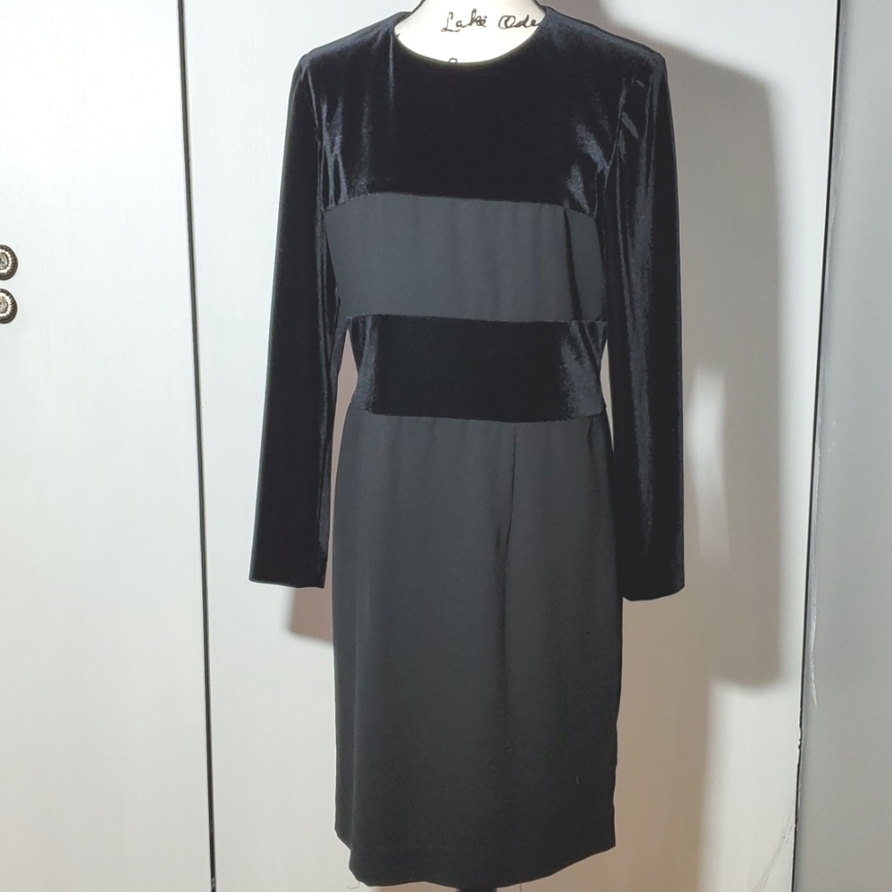 David Warren- Black Mixed Velveteen MIDI DRESS Party Office Size 10